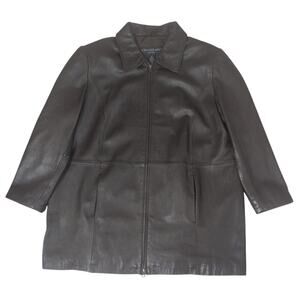 Brown Leather Zip Front Jacket Women 1X‎ Car Coat Plus Size Minimalist Capsule